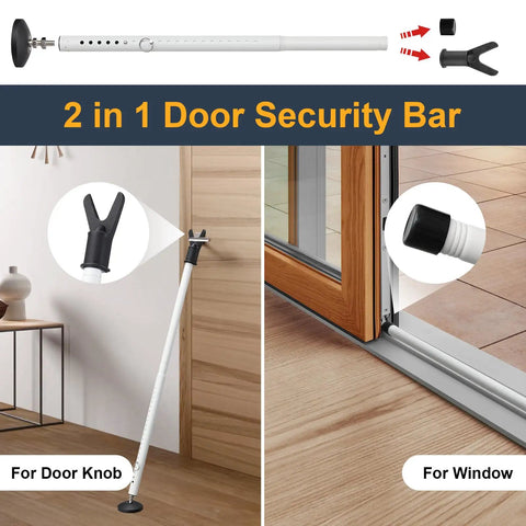 Heavy Duty Portable Door Stopper And Adjustable Security Bar For Front Door And Sliding Window Locks Hotel Room Safety Barricade Fo Sho Secure Hella Solid 2 In 1 Setup positioned for door and window use.
