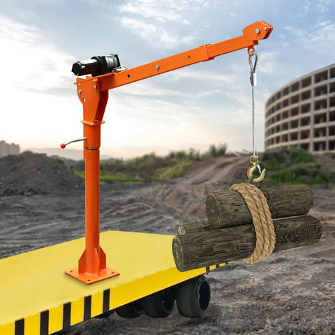 Rock Solid Folding Pickup Truck Bed Crane Hoist With Slick 12V Electric Winch lifting logs with adjustable jib arm in a construction setting.