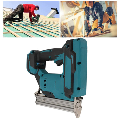 Kickass Cordless Brad Nailer Featuring Slick Battery Powered Action And Quick Adjustable Depth Control For Knockout Finish Carpentry side view on a workbench.