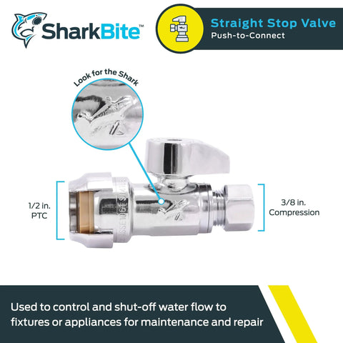 Brass Push Straight Stop Valve One Half Inch By Three Eighths Inch Compression Quarter Turn Push To Connect Plumbing Fitting For PEX Copper CPVC PERT HDPE And Other Fixtures.