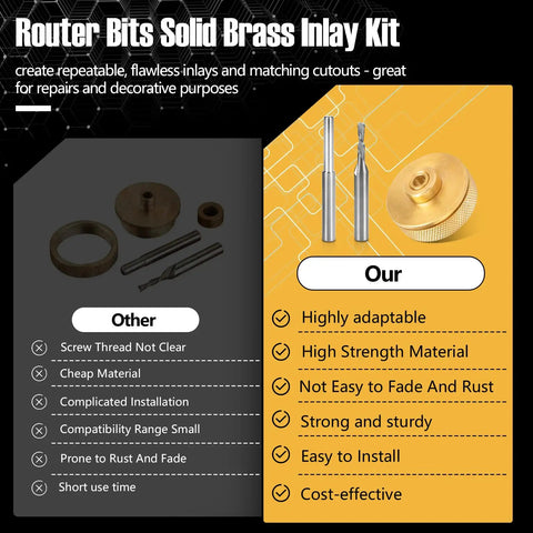 Comparison of inlay router bit bushing set features with benefits and drawbacks on black and yellow background.
