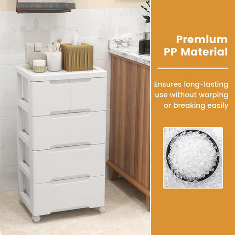 Five Drawer Rolling Storage Cart On Wheels White Plastic Organizer For Home Office And Living Room Mobile Cabinet with three large and two small drawers in a kitchen setting.