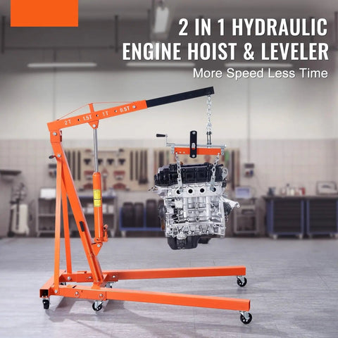 Heavy Duty Hydraulic Engine Hoist With Lever 2 Ton 4400 Lbs Foldable Crane And Hydraulic Leveler System in workshop holding engine.