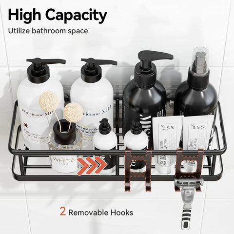 Adhesive Shower Caddy Kit Rustproof Bathroom Organizer With Soap Holder No Drill Heavy Duty Hanging Shelves Inside Shower Space Zero Fuss Setup Rock Solid Storage Rack Six Piece Black holding bottles and removable hooks.