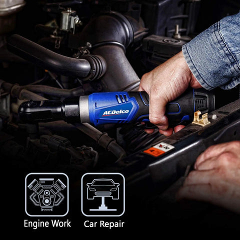 Cordless Ratchet Wrench Combo Kit With Three Eighths Inch And Quarter Inch Heads Forty Five Foot Pounds And Thirty Foot Pounds Torque 240 RPM All In One Pro Grade Electric Ratchet Set Includes One Li Ion Battery And Charger Canvas Bag For Auto Repairs being used by a mechanic on engine work in a car repair setting