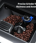 Fully Automatic Espresso Machine With Built In Adjustable Grinder And Auto Milk Frother Seven One Touch Brew Presets coffee beans in grinder compartment