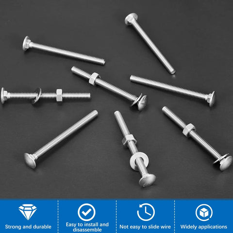 Stainless Steel Carriage Bolt Kit 50 Sets One Quarter Twenty Thread Three Inch Round Head Square Neck Bolts With 50 Hex Nuts And 50 Flat Washers