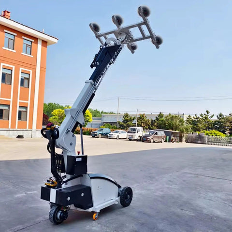 Rock Solid Industrial Electric Vacuum Suction Lifter With Heavy Duty Lateral Shift Arm positioned outdoors for glass panel installation.