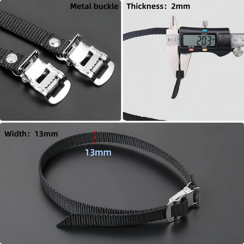Toe Clip Pedal Cage With Straps For Indoor And Outdoor Cycling showing adjustable 13mm wide and 2mm thick nylon strap with metal buckle