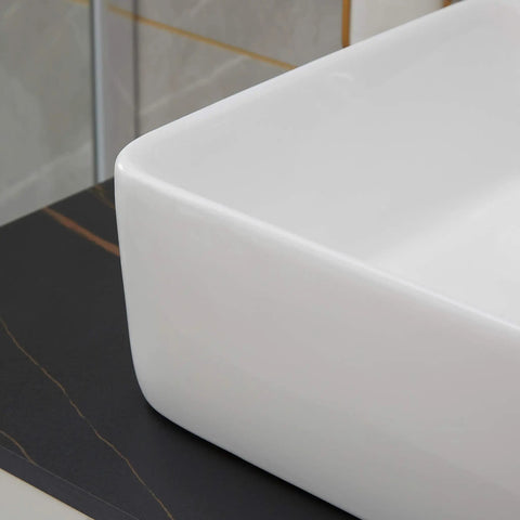 Corner view of Rectangle Vessel Sink With Pop Up Drain Included For Above Counter Bathroom White Porcelain Ceramic Vanity Basin 14.6 X 18.9 X 5.2 Inches Without Faucet Hole.