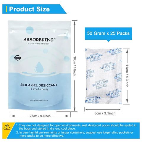 Hella Dry Reusable Silica Gel Packets 50g 25 packs moisture absorbers for electronics and food safe desiccant bags.