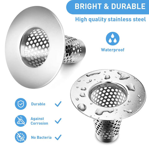 Premium Stainless Steel Bathroom Sink Drain Strainers Two Pack Conical Hair Catcher Porous Drain Filter Fits 1.2 To 1.6 Inches, showing bright stainless steel finish.