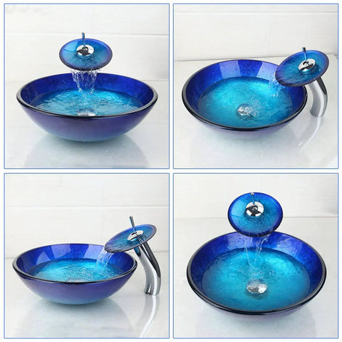Slick Blue Countertop Bathroom Vessel Sink with Waterfall Faucet Round Glass Vessel Sink Combo Above Counter Design Modern Tempered Glass Bowl