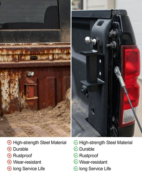Heavy Duty 2 Inch Trailer Hitch Receiver Holder For Ball Mount Shanks And Tow Straps Locked Down With A Rock Solid Steel Build handles heavy loads in rusty and clean truck beds.