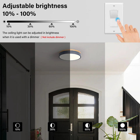 Dimmable Wood Oak Ceiling Light Fixture In Modern Gray LED Flush Mount With 5CCT Circular Minimalist Design That Pops On The Ceiling, Great For Bedroom Kitchen Bathroom Laundry Room 11.81 Inch Diameter illustrating brightness adjustment.