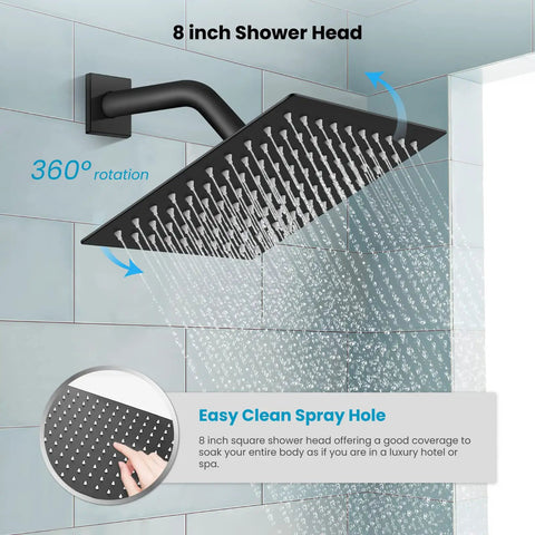 Rainfall Shower System With 8 Inch Square Rain Shower Head And Wall Mounted Handle Complete Matte Black Combo In Solid Brass