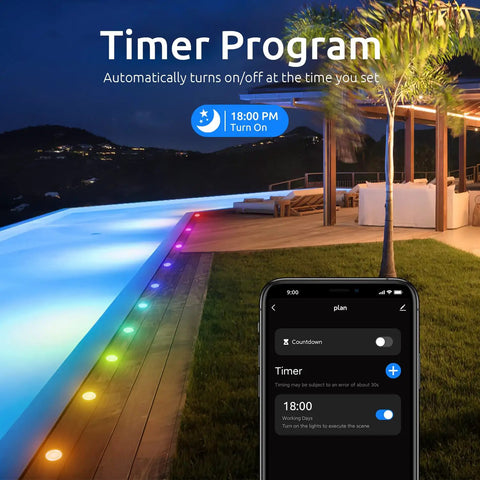 Smart RGBW LED Deck Lights Kit 10 Pcs Recessed 1.22 Inches Low Voltage With WiFi Bluetooth Control by pool timer feature