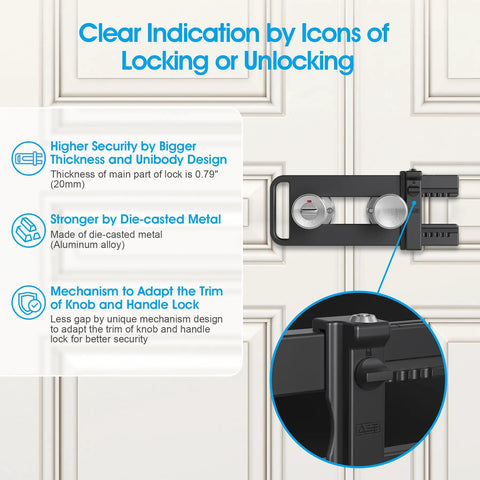 Tough As Nails Double Door Security Lockout For French Doors with locking icons, die-cast metal, and adjustable mechanism