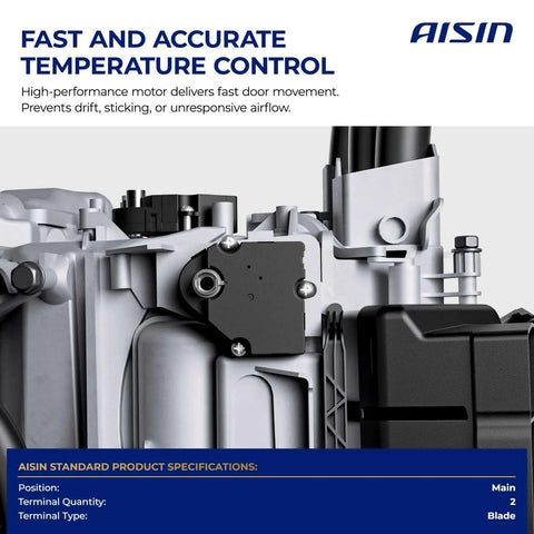 Close-up of AISIN aftermarket HVAC air door actuator, detail on motor design for IH trucks 4200 2002 2008 to 7600 2003 2007.