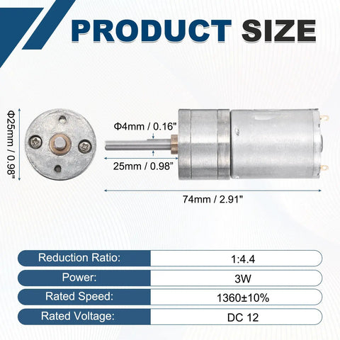 Beefy DC 12V Geared Electric Motor At 3 Watts With 25 Millimeter Diameter dimensions showing size and shaft details for robot projects.
