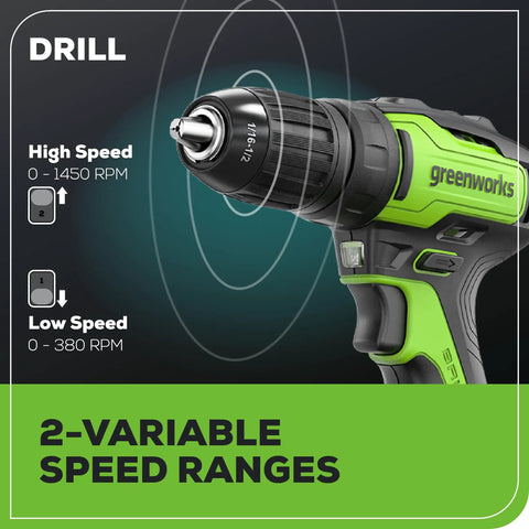 Beast Power Cordless 24V Brushless Drill Kit Half Inch Keyless Chuck showing variable speed ranges features