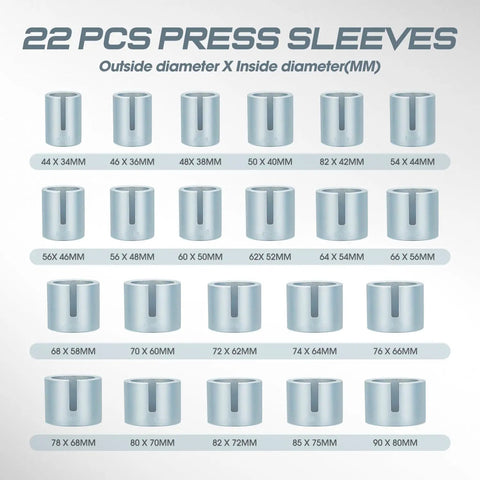 22-piece sleeve kit in Universal Press And Pull Sleeve Kit For Wheel Bearings And Suspension Bushings, 27 Piece Tool Set With 22 Adapters