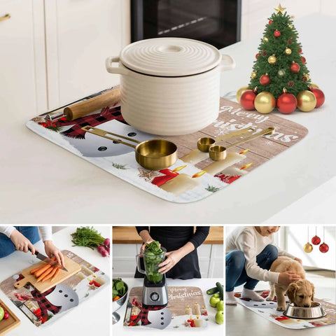 Holiday Themed Snowman Wood Grain Dish Drying Mat with pot and cups, perfect for kitchen counter. Absorbent microfiber, 16x18 inches.
