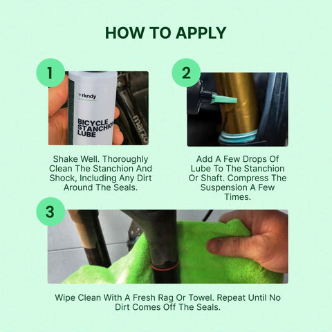 Diagram showing application of Fork Stanchion and Shock Lube for bikes, featuring cleaning, applying, and wiping steps for smooth suspension.