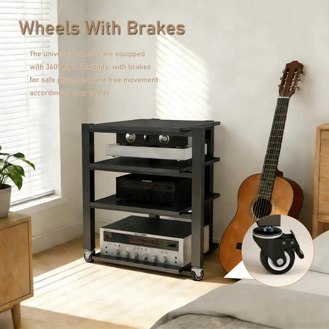 Heavy Duty Audio Component Rack With Smooth Locking Wheels Four Tier Black AV Media Stand showcasing three shelves with gear