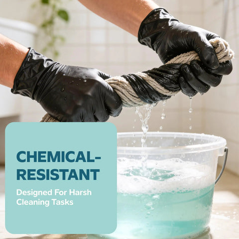 Person wearing black nitrile gloves 6 mil heavy duty disposable for food prep and tattooing latex free powder free textured fingertips wringing cloth over soapy water
