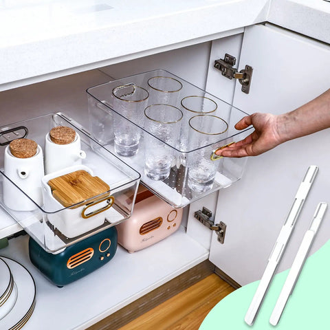 Smooth Glide Self Adhesive Drawer Slides And Pull Out Cabinet Tracks With Heavy Duty Sticky Tape Quick Fix Home Upgrade Effortless Storage Organization, clear plastic bins holding cups in kitchen cabinet.