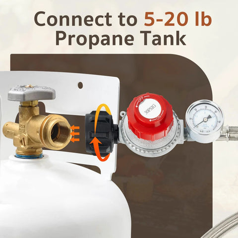 adjustable propane regulator with gauge connected to propane tank for precise flame control
