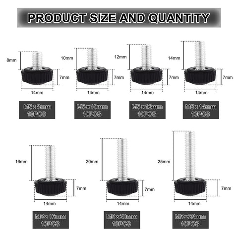 Image showing 70 Piece M5 Thumb Screw Kit with knurled grips, featuring 7 sizes from 8mm to 25mm, highlighting product size and quantity.