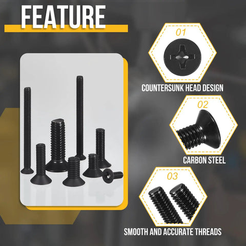 Feature image of 600 Piece Flat Head Nuts And Bolts Assortment Kit M3 0.5 Pitch with carbon steel screws and countersunk design