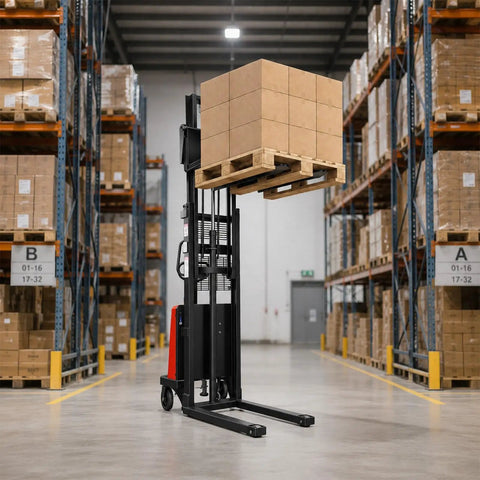 Heavy Hitting Electric Walkie Pallet Stacker With Strong 1.6 Kw Motor Plus Steel Frame Boasting Two Thousand Two Hundred Four Pound Capacity And Ninety Eight Inch Lift Height For Dock To Rack Yard Work lifting a pallet of boxes in a warehouse.