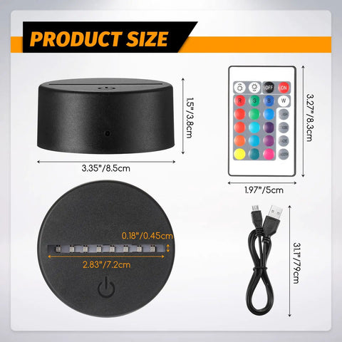 Lit 16 Color LED Night Light Base With Remote And USB 3D Art Display Lamp For Acrylic And Resin Glass dimensions and accessories.
