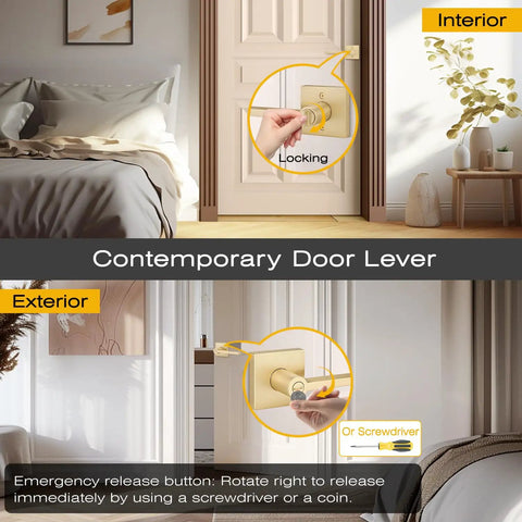 Six Pack Gold Door Handles With Satin Brass Levers For Interior Privacy Doors showing thumb-turn lock and emergency release