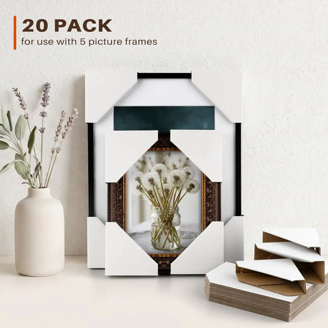 Top Shelf Adjustable Cardboard Corner Protectors Badass Edge Guards For Picture Frames 20 pack with flower jar display.