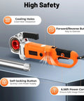 Top Shelf Handheld Electric Pipe Threader Kit With Six Heavy Duty Dies For Plumbing And Tapping, Built Like A Tank For Flawless Threads showing control panel and self-locking button.