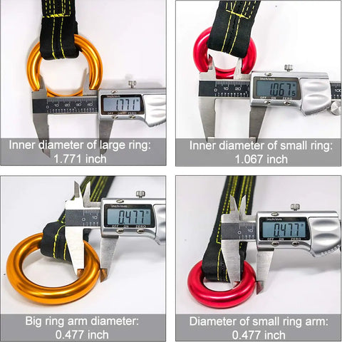 Measurements of Arborist Friction Saver large and small aluminum rings with calipers showing dimensions for tree climbing gear.