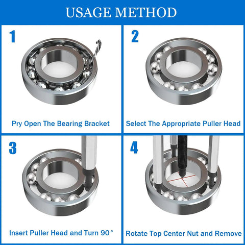 21 In 1 Bearing Puller Kit With 3 Jaw Internal Removal Tool And Durable Storage Case For Motorbikes Cars And Various Mechanical Equipment Beefy Heat Treated Chromium Vanadium Steel For Easy Removal Of Bearings Gears Hubs Red usage instructions shown in four steps for efficient bearing removal.