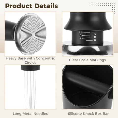 Kickstart Your Daily Grind With This Dope 6 Piece Espresso Accessory Kit Featuring A Heavy Duty 58 Mm Tamper, showing heavy base, scale markings, metal needles, and knock box.