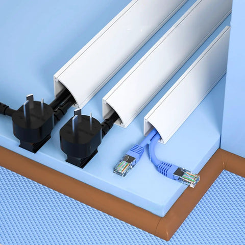 Self Adhesive PVC Cable Channel Cover Is A Total Game Changer Wire Management Track showing cords neatly housed and organized.