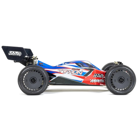 Side view of ARRMA Typhon 1 Eight Scale RC Buggy Ready To Race 6S 4WD BLX RTR with TLR Tuned Parts and Spektrum Electronics.