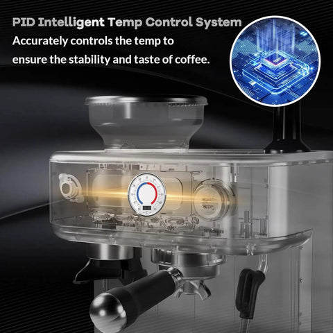PID Intelligent Temp Control System of Top Shelf Espresso Machine With Integrated Grinder And Auto Milk Frother ensuring coffee stability.