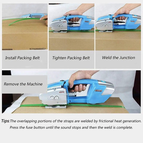 Heavy Duty Cordless Hot Melt Strapping Machine Featuring Smooth Electric Welding Dual Motor Drive Adjustable Tension Rechargeable Power Bander in use on crate.