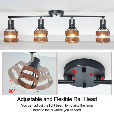Four Head Black Track Lighting With E26 Sockets Adjustable Spotlight Heads And Wood Accent Dope Farmhouse Vibe Modern Ceiling Light For Living Room And Kitchen Flexible Directional Arms.