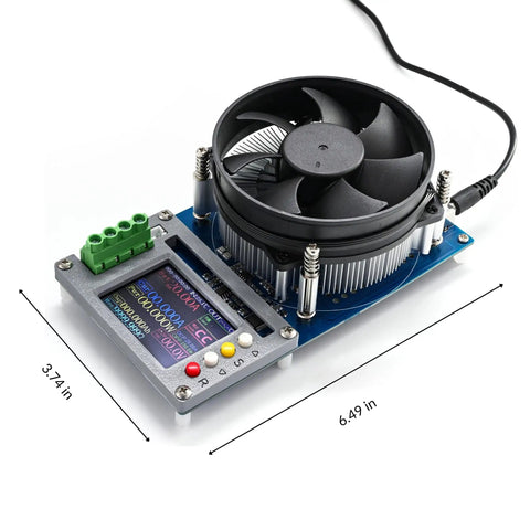 150W 20A Constant Current Electronic Load With USB Battery Tester showing fan and digital color display