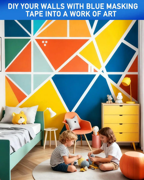 Children playing in front of a colorful geometric wall design created with Pro-Grade Blue Painter Tape 0.94 Inch, 18 Rolls.