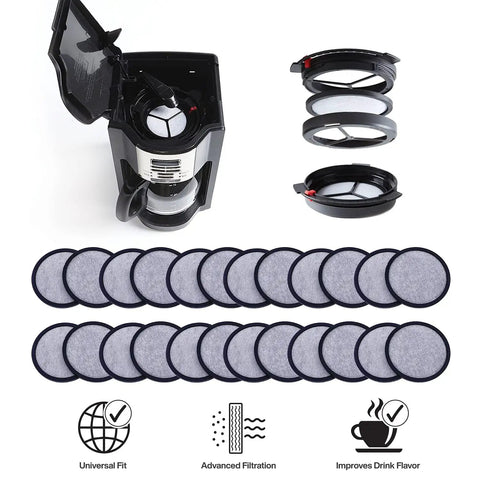 24 Pack Replacement Charcoal Water Filter Discs for Coffee Makers and Brewers, Removes Chlorine, Odors, Calcium, and Impurities displayed